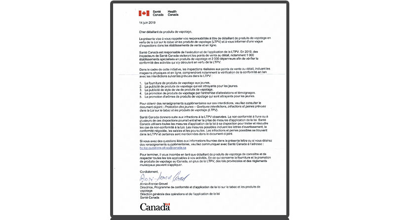 lettre Santé Canada détaillant inspections vapotage